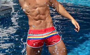 Men's Swim Trunks Shorts w Retro Stripes NEW - Picture 1 of 12