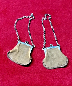 Two (2) Antique c.1910 Small Leather Coin Purse Kiss Clasp 2"x2" - Picture 1 of 6