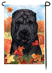 Falling Leaves Garden Flag - Black Shar Pei - Picture 1 of 1