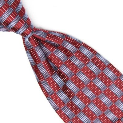 Altea Milano Mens Silk Necktie Burgundy Blue Wave Check Pindot Woven Tie Italy - Image 1 of 4