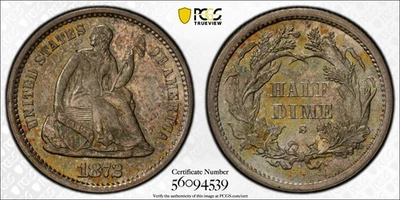 1872 S PCGS MS67 Mint Mark Above Bow Liberty Seated Half Dime Low Pop - Image 1 of 3
