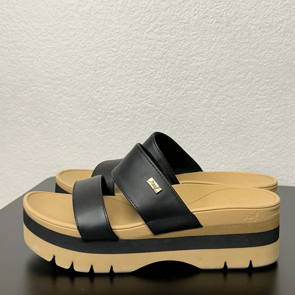 REEF Cushion Banded Horizon 2.5 Hi Black Platform Sandals Slides Size 9 EU 40 - Image 1 of 4