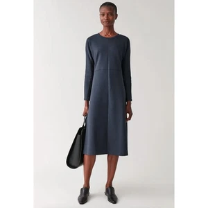 COS Panelled Cotton Fit & Flare Dress Navy Long Sleeve Minimalist Modern Medium - Picture 1 of 8