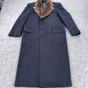 Vintage Hickey-Freeman Overcoat Mens 36 Short Navy 100% Cashmere Fur Collar - Picture 1 of 10