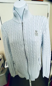 LAUREN RALPH LAUREN GREEN LABEL ZIP KNIT SWEATER w/CREST & POCKETS SKY BLUE M - Picture 1 of 10