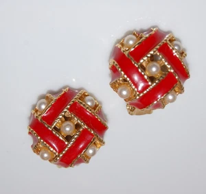 VINTAGE 80ER JAHRE HIGH END KUNSTPERLEN & ROTE EMAILLE GOLD BYZANTINISCHER STIL CLIP OHRRINGE - Bild 1 von 12