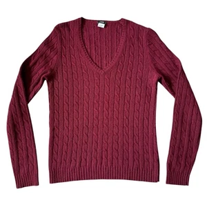J Crew Cashmere Cable Knit Sweater Burgundy V-Neck Preppy Academia Twee Retro - Picture 1 of 7
