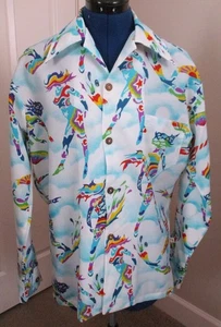 Vintage 1970er "Hang Ten" Pin Up Surf Disco Mod Hawaii Polyester Langarm Hemd - Bild 1 von 9