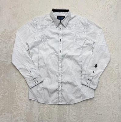 Roar Signature Shirt Mens Large White Button Up Pinstripe Embroidered Eagle - Image 1 of 4