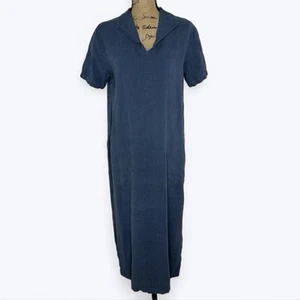 Cut Loose Linen Maxi Dress Sz M Blue Short Sleeve Collar Pockets Prairie Peasant - Picture 1 of 15