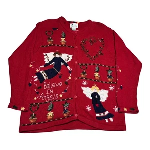 Vintage Quaker Factory Believe in Angels Christmas Cardigan Sweater Women's M - Picture 1 of 8