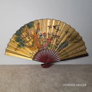 Vintage großer asiatischer chinesischer Fächer Wandkunst Dekor 52" x 30", Vögel Blumen handbemalt - Bild 1 von 12