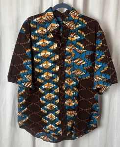Vintage African Kente Cloth Men’s Short Sleeve Shirt Brown Blue Gold Sz L READ - Picture 1 of 5