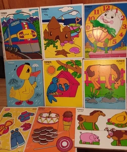 9 Vntg Playskool Wood Puzzle Lot - Train, Clock, Animals, Mixed Educational - Picture 1 of 10