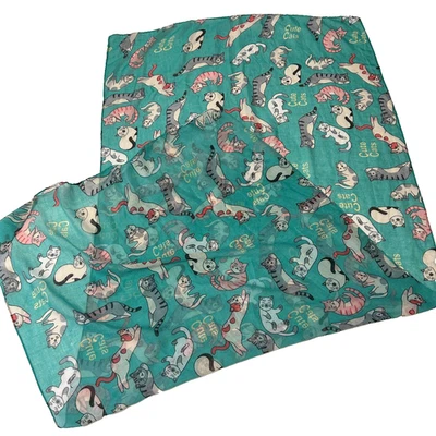 100%纯棉可爱猫卡通印花猫蓝绿色围巾裹巾小猫 — 第 1/4 张图片