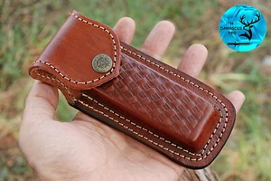CUSTOM HANDMADE ENGRAVED PURE COW LEATHER SHEATH FOR 5" FOLDING KNIFE EDC 1362 - Picture 1 of 5