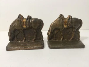 Vintage Pair Cast Iron Bronze Brass Finish Bookends, Saddled Horses - Picture 1 of 5