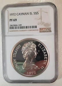 1972 CAYMAN ISLANDS,  SILVER 5 DOLLAR -- NGC PF 69 PROOF, FINEST KNOWN - Picture 1 of 2