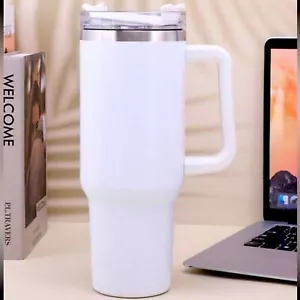 Tumbler White Stainless Steel 40 Oz with Straw Handle Travel Cup Hot Cold Water - Picture 1 of 8