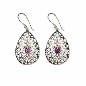 81stgeneration Dangle Earrings Silver Brass Amethyst Filigree Pear Teardrop - Imagen 1 de 10