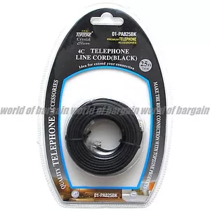 CABLE DE LÍNEA de teléfono modular de 25 ft negro RJ11 extensión 6P4C cable E52 - Imagen 1 de 2