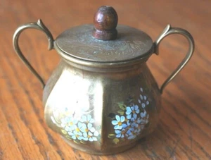 Brass Lavorato a Mano Ottone Italian Sugar Jar hand painted vintage Handles lid - Picture 1 of 7