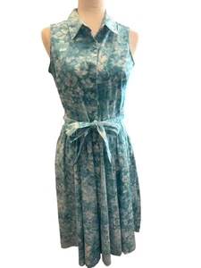 Talbots Shirt Dress Fit Flare 50s Preppy Midi Floral Belted Button Down Blue 8 - Picture 1 of 7
