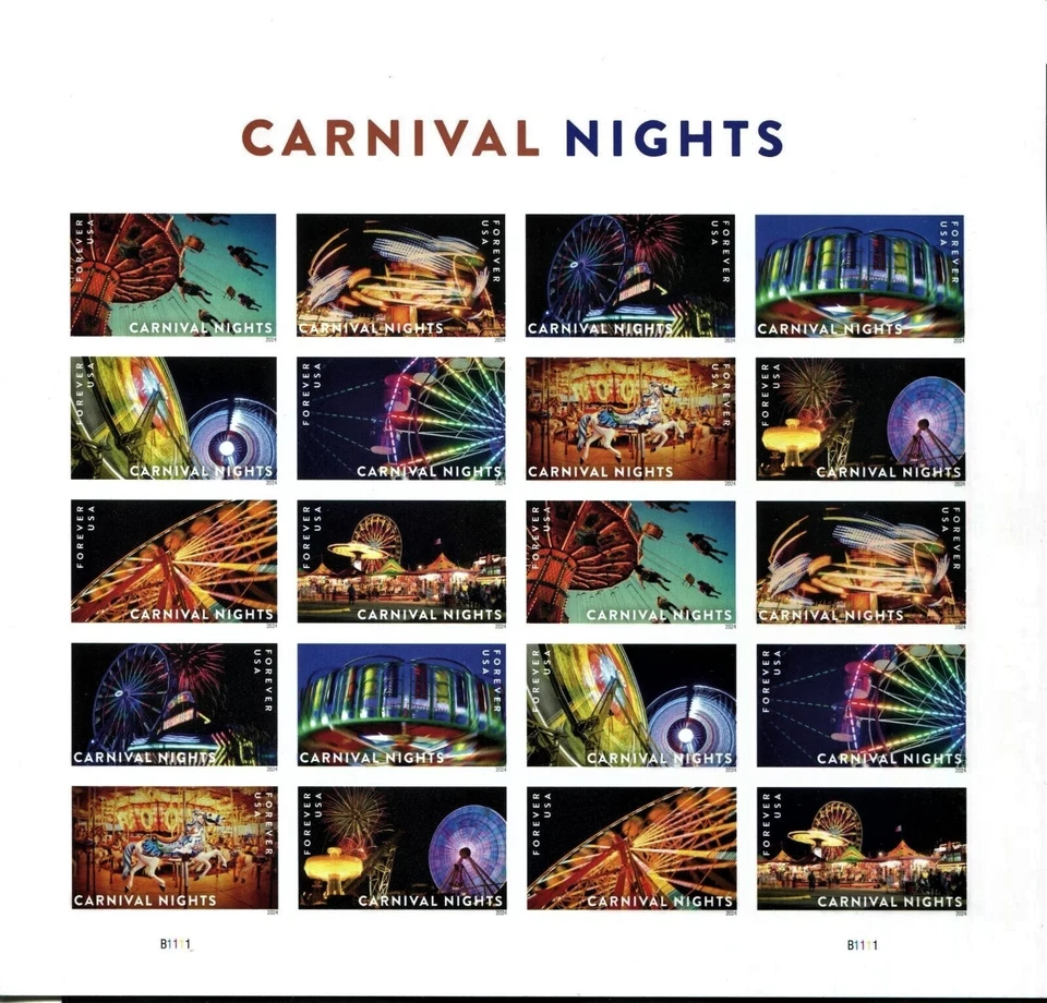 CARNIVAL NIGHTS Imperforate NDC NO DIE CUT PANE OF 20 Forever Stamps MNH - Image 1 of 1