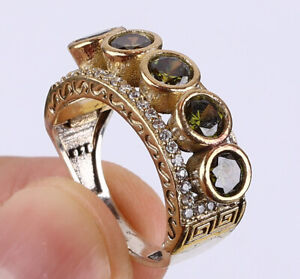 TURKISH SIMULATED TOPAZ .925 SILVER & BRONZE RING SIZE 9 #12806