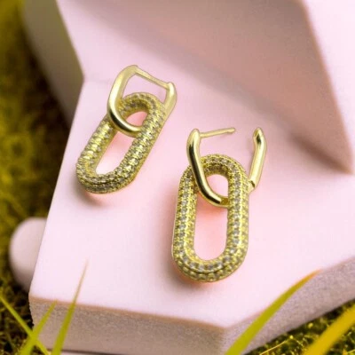 Sparkling Gold Plated Dangle Earrings 40mm with Zirconia Shimmering Stones. - Image 1 of 4