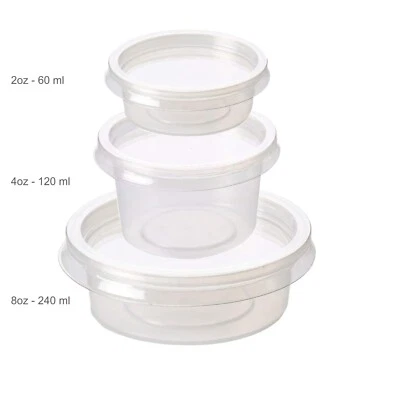 Food Containers Round Plastic Storage Tubs with Lids Deli Pots Sauce Dip Chutney - Image 1 of 4