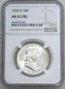 Medio dólar Franklin 1954-D NGC MS63FBL blanco explosivo líneas de campana completas PQ #V78B - Imagen 1 de 4