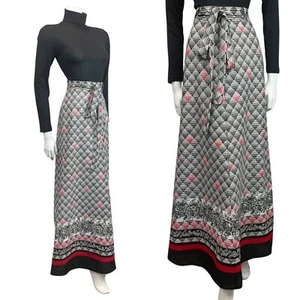 VINTAGE 60s 70s WHITE BLACK RED CHECKED FLORAL BELTED MOD BOHO MAXI SKIRT 8 10 - Picture 1 of 6
