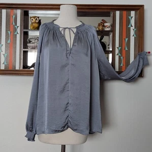 Lucky Brand Gray Satin Long Sleeve Top Blouse Ties Elastic Details Size L - Picture 1 of 10