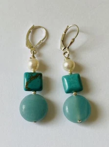 Sundance Sterling Silver Pearl Turquoise Aquamarine Bead Drop Dangle Earrings - Picture 1 of 11