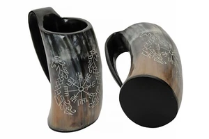 Tankard Viking Compass Buffalo Horn 6" Drinking Mug - Picture 1 of 4