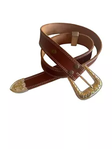 Brown Full Grain Leather Belt Gold Buckle 40-42 NPET Western Style Adjustable - Picture 1 of 6
