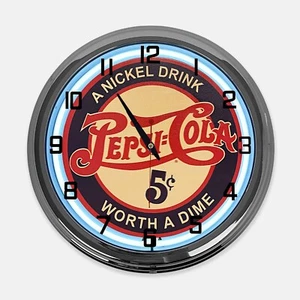 18" Pepsi Cola A Nickel Drink, Worth A Dime Metal Sign Designed White Neon Clock - Picture 1 of 5