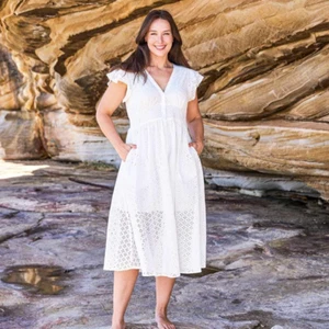 VESTIDO BOHO AUSTRALIA ELISHA MIDI - BLANCO - MANGAS CON VOLANTES ESCOTE EN V TALLA 8-20 - Imagen 1 de 3