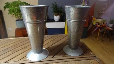 NEUF 2 GRAND VASE FLEURISTE CHAUDRON ZINC POT SEAU GALVANISE JARDIN FLEUR GRANGE - Photo 1/4