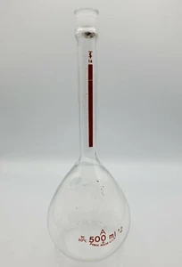 500 ml Pyrex Class A 20C Volumetric Flasks Glass Standard Long Neck Chemistry - Picture 1 of 6