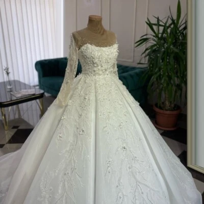Vestido de Noiva Lowime Lindo Ilusão Renda Vestidos de Novia Feito à Mão Personalizado - Imagem 1 de 4