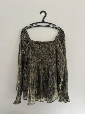 NUEVO CON ETIQUETAS $54 JODIFL Blusa Metálica Calada Manga Larga Bishop Dorado Negro Talla Grande Foto 1 de 4