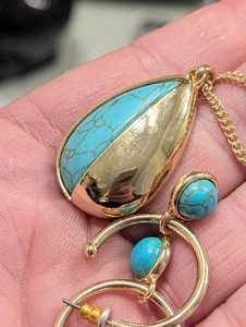 NIB "MEOW CAT" GOLD TONE TURQUOISE 18* NECKLACE & EARRINGS SET - Picture 1 of 6