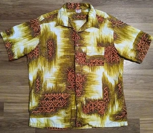 Vintage 60s Hawaiian Sands Mens Shirt XL 50" Brown Gold Tiki Aloha Atomic Cotton - Picture 1 of 8