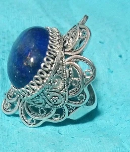 Sterling Silver 925 Women's Ring Blue Lapis Lazuli Telkari Filigree Size 5.5 - Picture 1 of 12