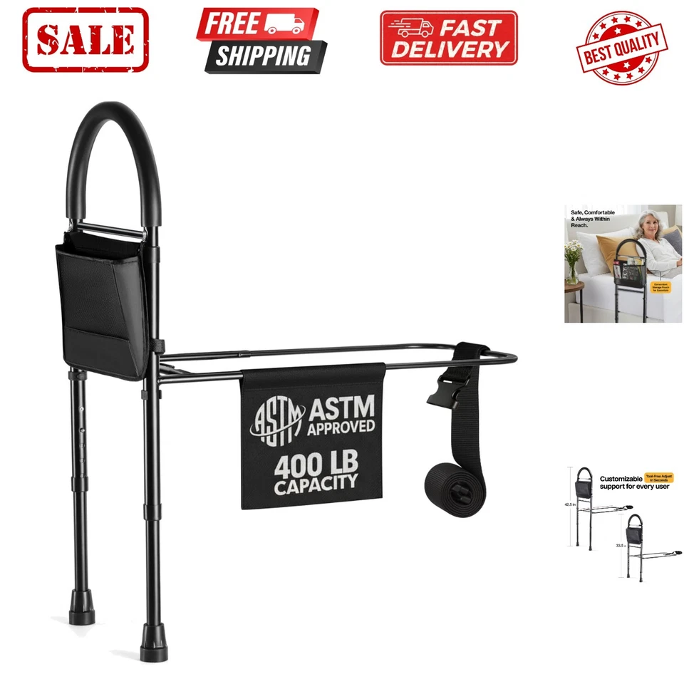 Bed Assist Rail With Adjustable Heights and Storage Pocket for Seniors