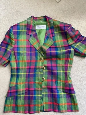ICONIC MAX MARA Vintage 1980s 100% linen jacket short sleeves plaid check UK 10 - Image 1 of 4