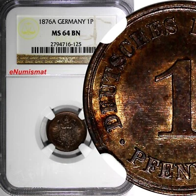 Germany - Empire Wilhelm I 1876 A 1 Pfennig NGC MS64 BN TOP GRADED KM# 1 (125) - Image 1 of 4