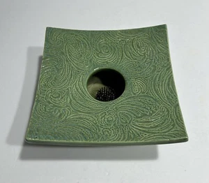 Ikebana Vase Flower Frog Green Art Pottery Square Leaf Design Herrl 6.5” Boho - Picture 1 of 7